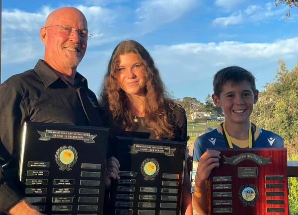 Three of the six award winners at the Bermagui SLSC annual presentation. Left to right: Bruce McAslan, Rachel Huxley and Maxim Savchenko-Ray. Photo supplied.
