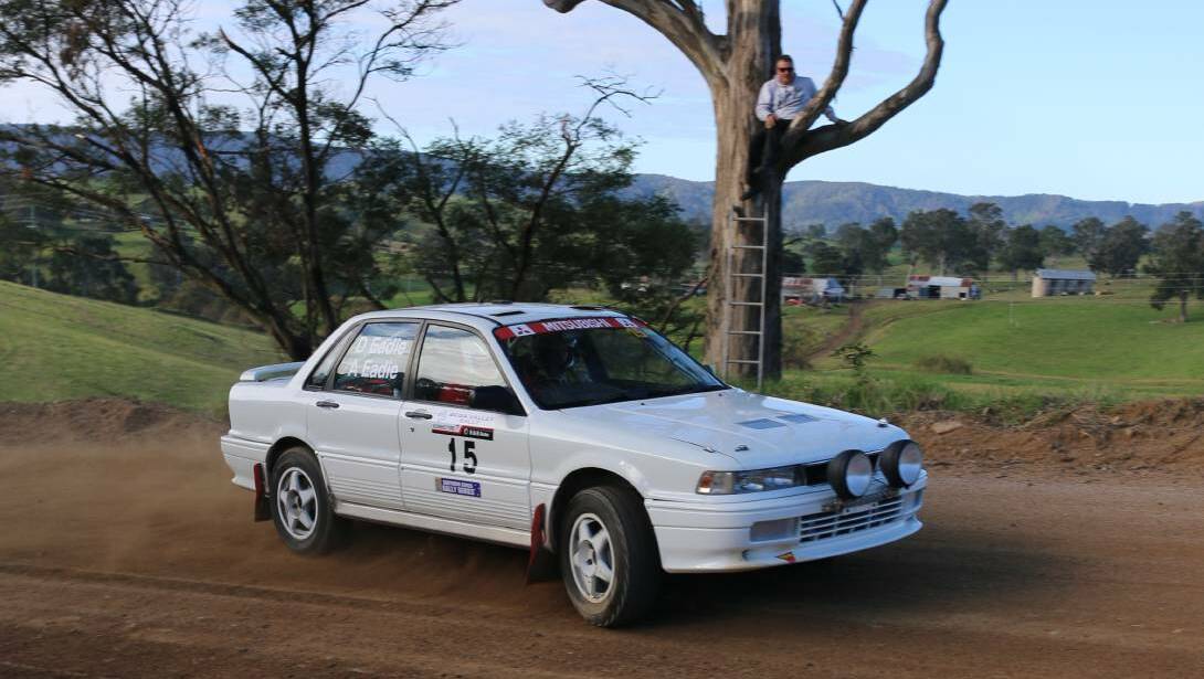 David and Alexander Eadie pass spectators on Upper Cobargo Road in their Mitsubishi Gallant in a previous Valley Rally. 
