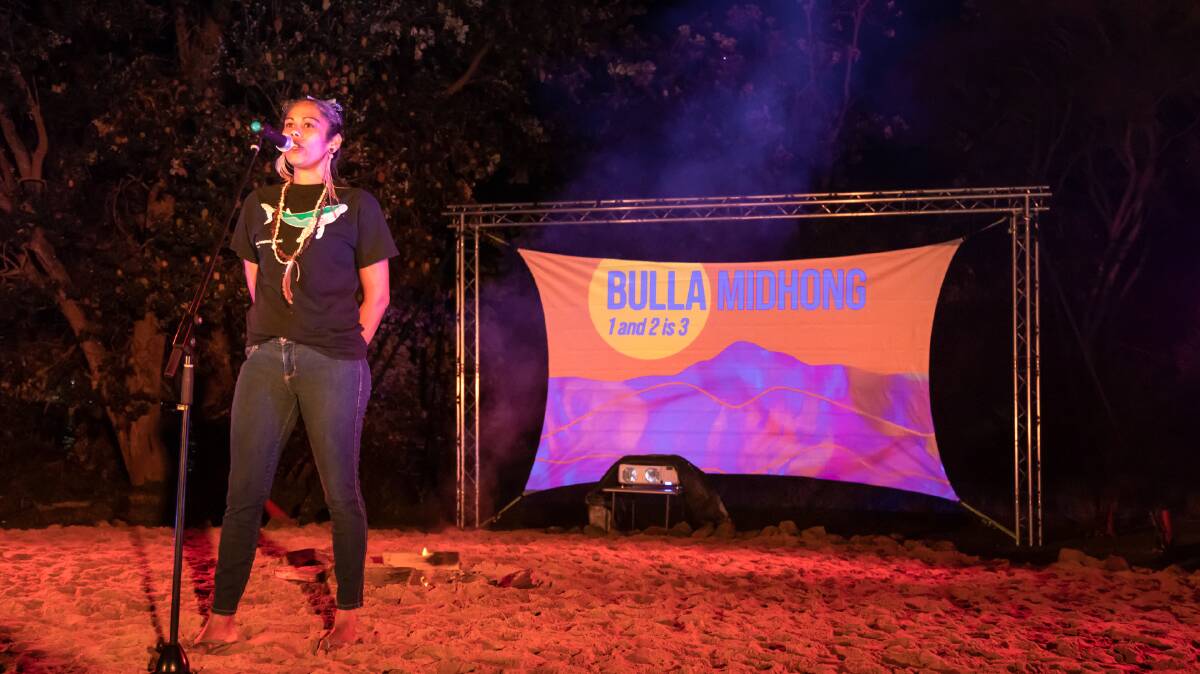 Big hART Cultural mentor and community producer, Ashweeni Mason welcomes all to the Bulla Midhong event at Cocora Beach, Eden. Picture by David Rogers. 