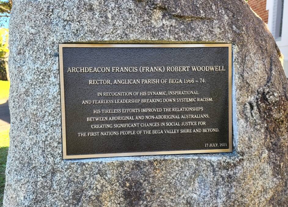Frank Woodwell's plaque on display out the front of the St John's Anglican Church in Bega. 