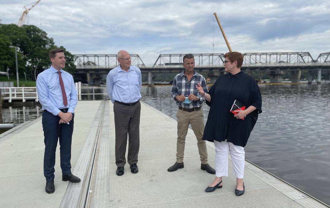 ENDORSED: Constance was joined by Shoalhaven councillor and president of the Gilmore Liberal Federal Electorate Conference Paul Ell, Senator Jim Molan and Minister for Foreign Affairs and Minister for Women Marise Payne at the Shoalhaven River wharf on Monday. Image: Grace Crivellaro.