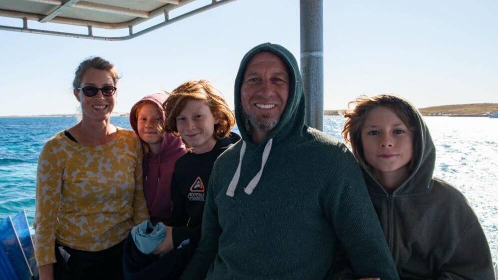 From left: Stefani Iodice, Emily, Luke, Adrian Iodice and Marlon on a snorkelling cruise boat in Coral Bay, Western Australia. Picture: supplied