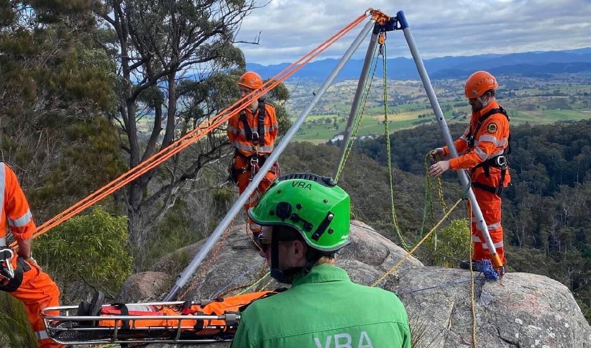 The emergency services organisations working together on a site at Doctor George Mountain, just outside of Bega. Photo: supplied 