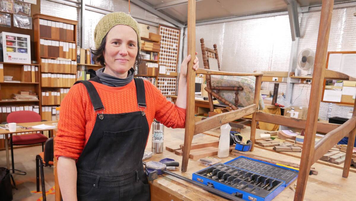 Bega District Woodcraft Association member Sarah Davis at the shed's woodworking space in Tarraganda, just outside of Bega. She is on a mission to inspire and encourage people of diverse backgrounds to consider joining to improve their skills and become more independent. Photo: Ellouise Bailey 