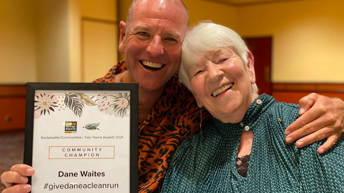 Dane Waites with his mother Junee Waites at the Keep Australia Beautiful NSW 2021 awards. Dane, along with the The Bega Tathra Safe Ride group, won the Communications and Engagement Award for their use of the Bega Tathra Safe Ride Trash Trike and promotion. Dane was also individually recognised as a community champion. Photo: supplied