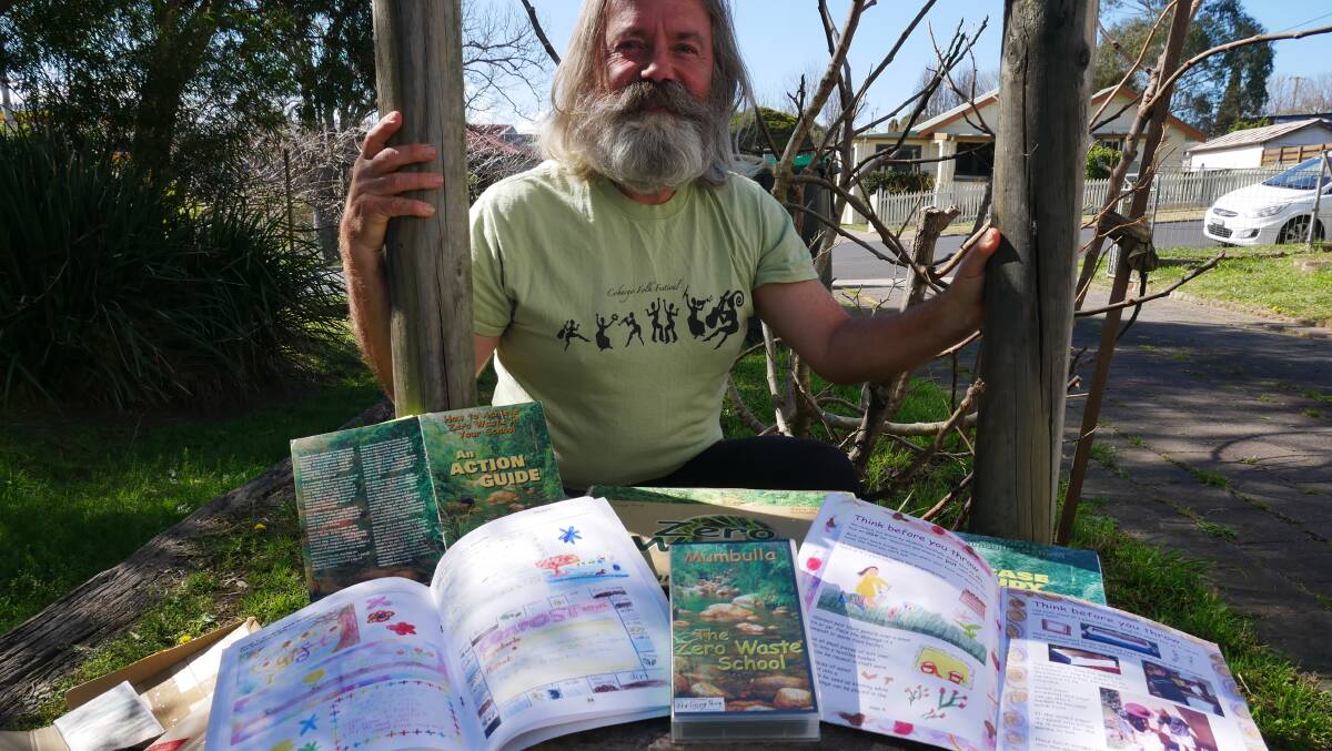 Hugh with the collection of resources he created for Bega's Mumbulla School for Rudolf Steiner Education in 1999. Picture by Ellouise Bailey 