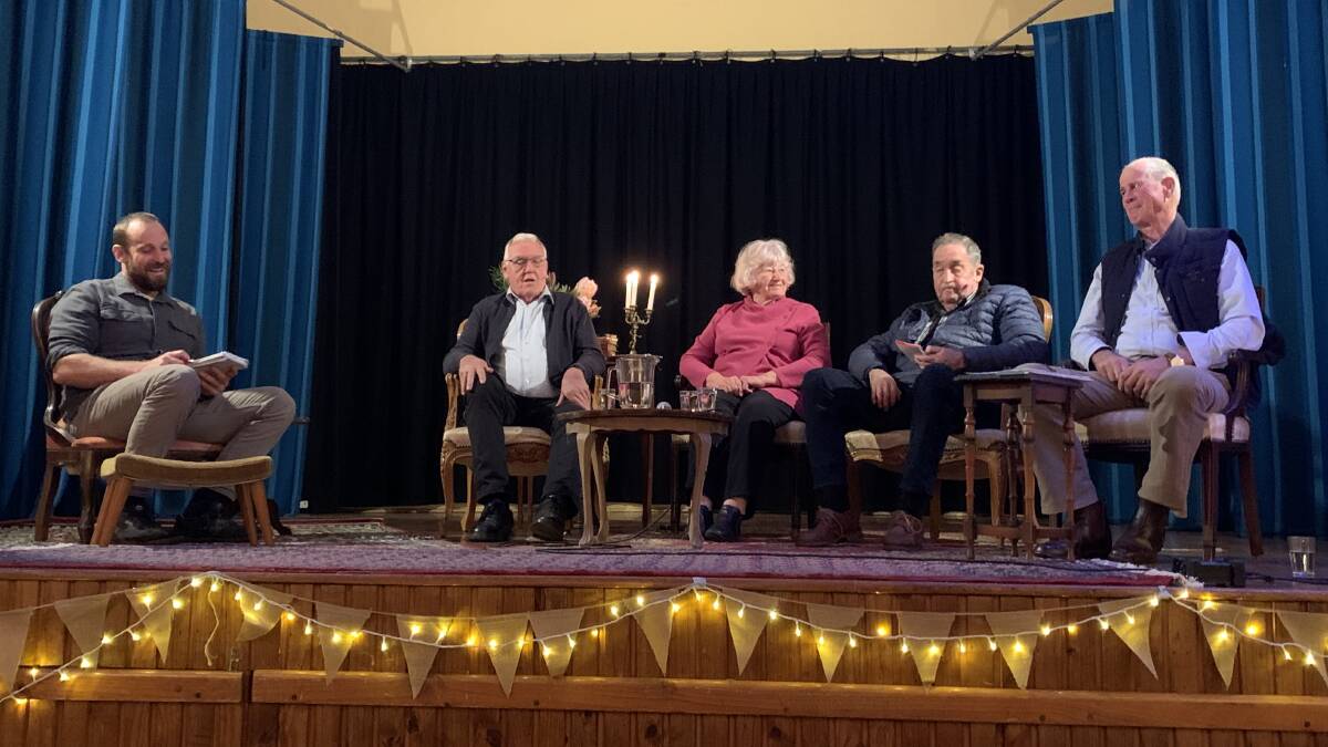 Paul West hosting a discussion panel with long-term Bemboka community members, Brad Bobbin, Diana Armstrong, Ian Alcock and John Cullen,- most of whom were from third or fourth generation families. Photo: supplied 
