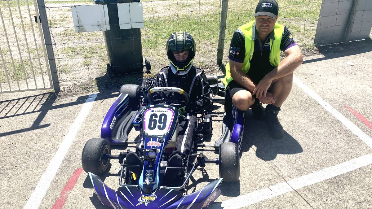 Up and coming Sapphiore Coast racer Aidan Williams with his father Chad. Picture: Ellouise Bailey