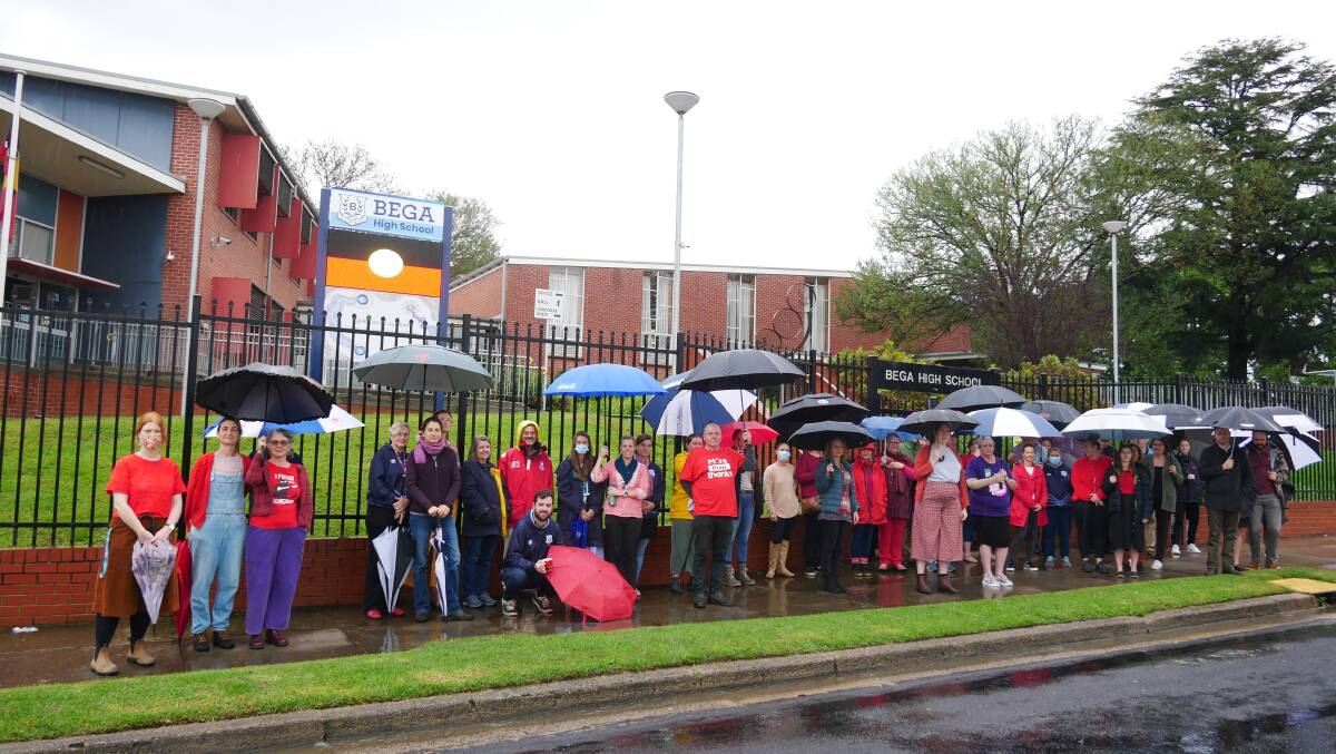 Around 35 members of the NSW Teachers Federation at Bega High School held a 10 minute industrial action outside of the front entrance of the school on Thursday, April 7. Photo: Ellouise Bailey