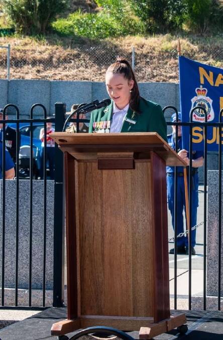 Abbey Dawson delivering a speech as School Captain of Narooma High for 2021. Photo: Supplied 