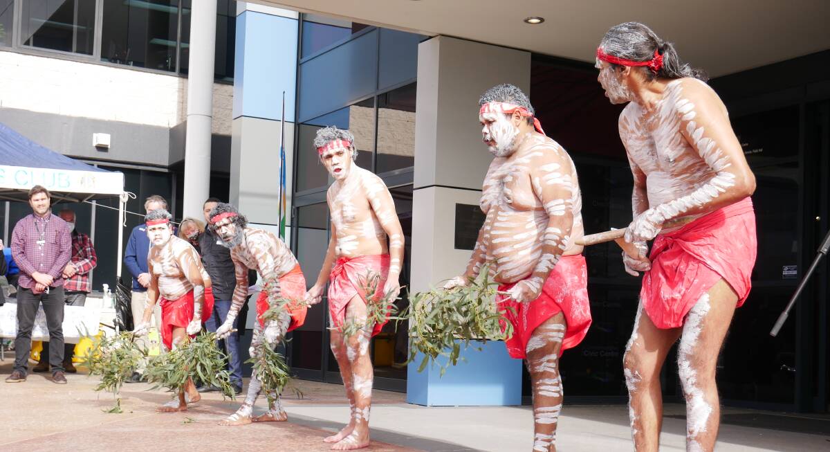 Warren Foster (far right) and some of the Gulaga dancers performing in July 2021 at the Bega Valley Shire Council's Memorandum of Understanding celebration, to commemorate 20 years since it was signed. Photo: Ellouise Bailey