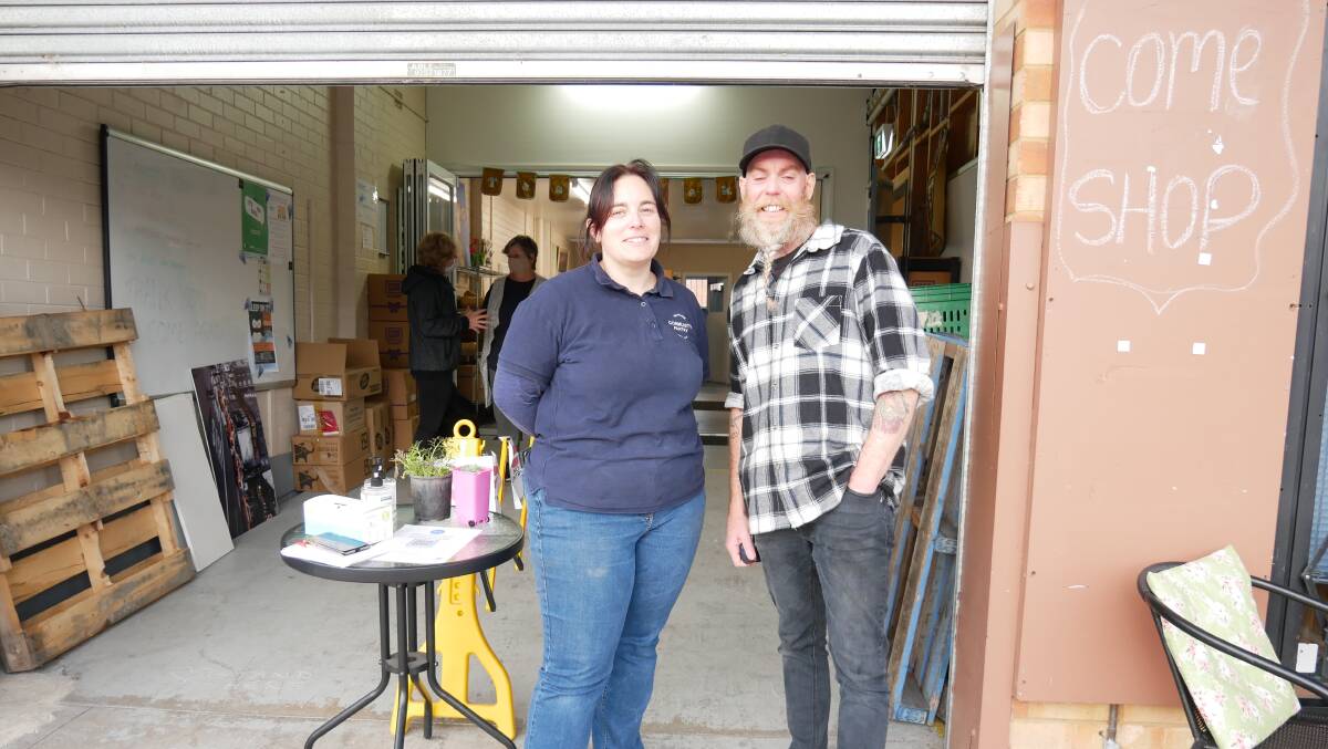 Sapphire Community Pantry manager Selena Purdom with Disability support worker and volunteer Aaron Trowbridge. Photos: Ellouise Bailey