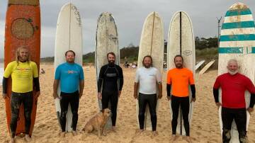 WINNERS LINE UP: Matt Gselmann (2nd place), Christian Pimm (1st place), Jerry Stack (sixth place), Matt Lake (3rd place), Dave Arens (4th place), and Pat Broder (fifth place) at the 35th Sapphire Coast Boardriders Gazamal Malibu Surf Comp. Photo: John Smythe 