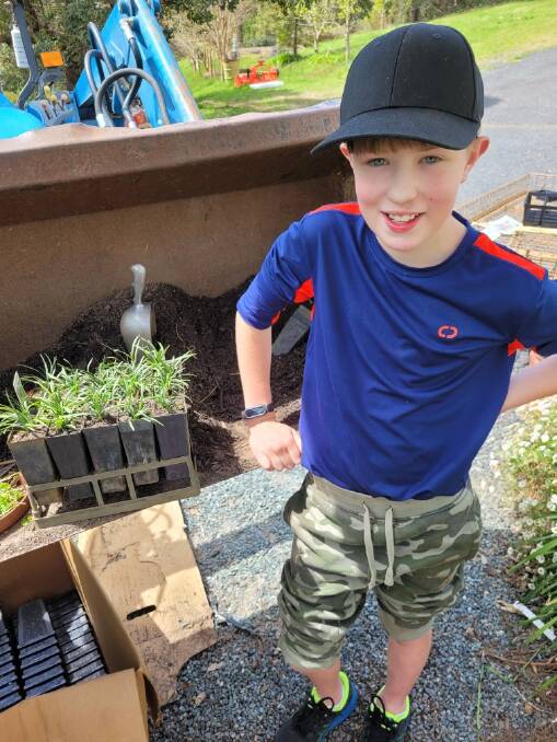 Sebastian Bolton in his grandparent's nursery potting up plants to sell for his school fete. Picture: supplied 