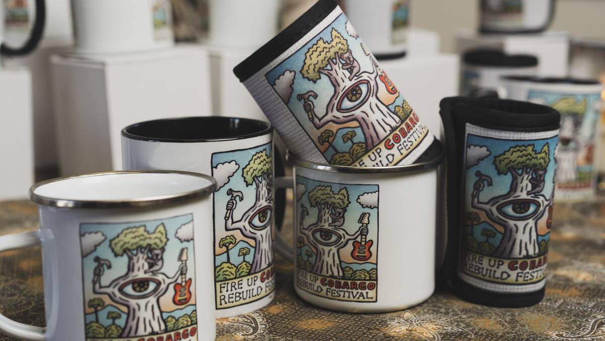 Merchandise for Fire Up Cobargo Relief Festival this Saturday March 27, with artwork donated by Reg Mombassa. Picture: Dion Georgopoulos 