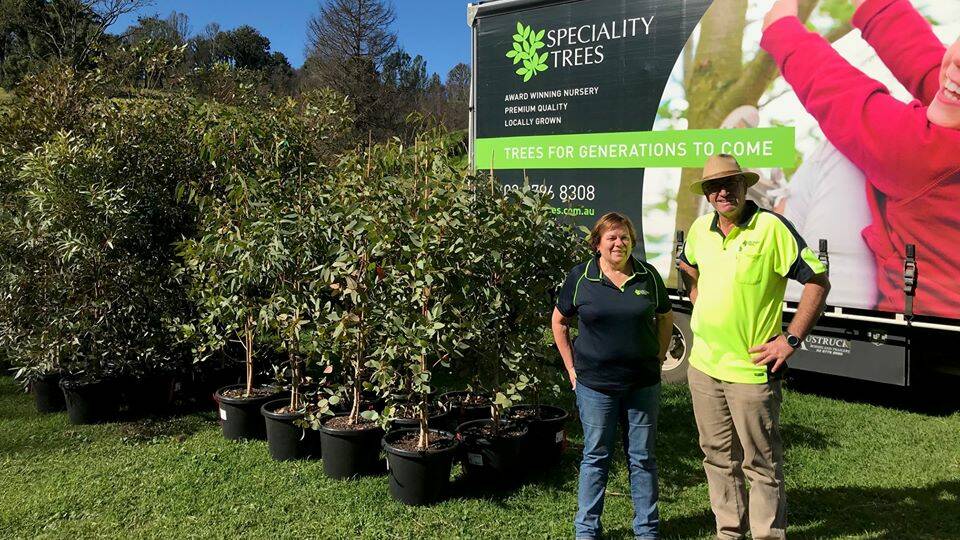 Hamish and Gaby Mitchell delivering a truckload of trees to bushfire affected Cobargo Wildlife Sanctuary, April 2020. Photo: supplied. 