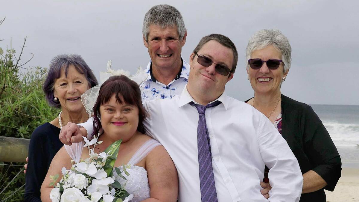Tim and Amanda Enright on their wedding day, with Amanda's mother Margot Bowering (back left) and Tim's parents Karen and John Enright. Photo: supplied 