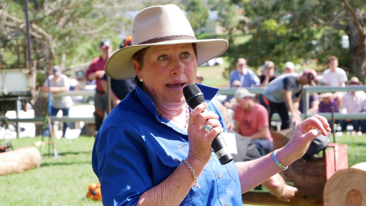 Cobargo Show senior vice-president and daughter of Ross Rixon June Tarlinton speaks to the crowds about her father's involvement in the show over the years before the chainsaw event. Photo: Ellouise Bailey 
