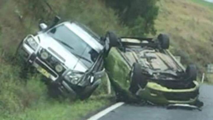 The two vehicles involved in the car crash north of the Greendale Bridge heading towards Bega on Monday March 22. Pictures: supplied by Paul and Samantha Hutteroth. 