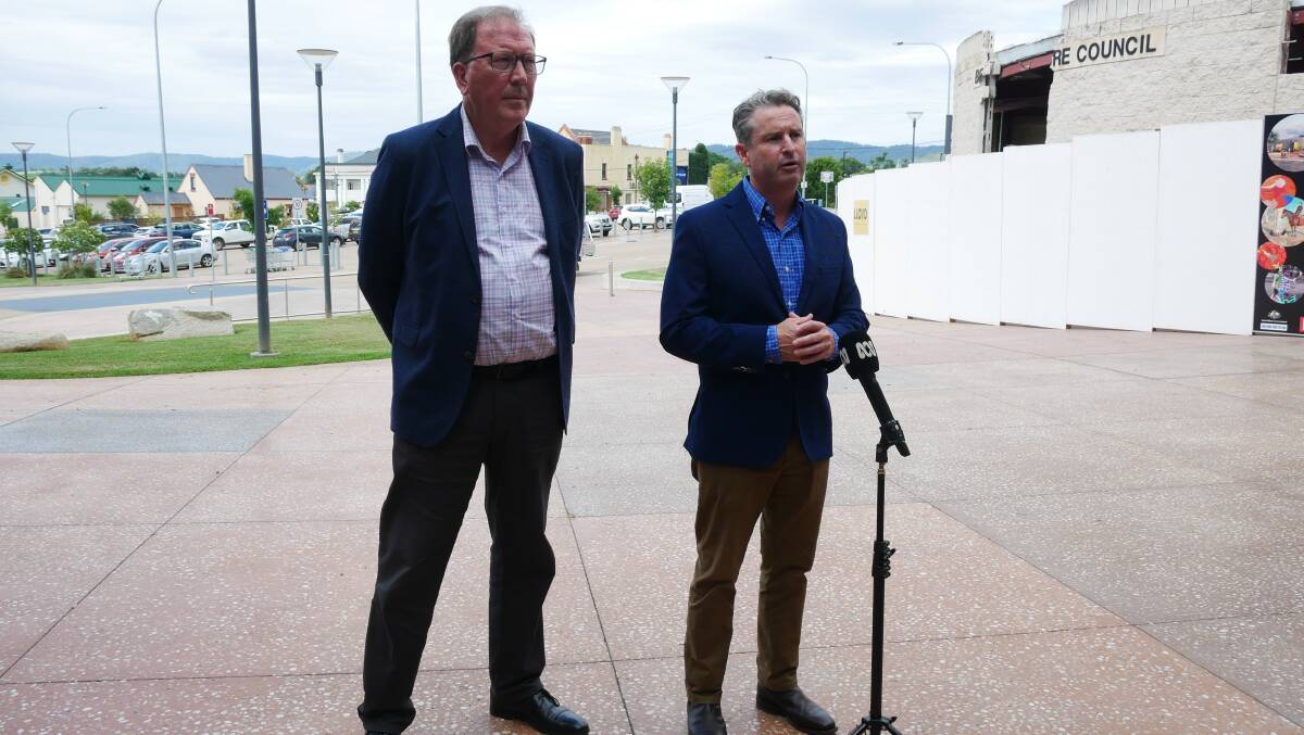 Labor candidate for the Bega by-election Michael Holland and Shadow Minister for Local Government Greg Warren in Bega on Wednesday. Photo: Ellouise Bailey