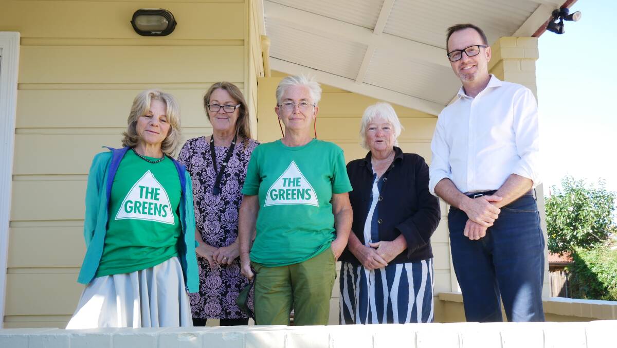 Counsillor Cathy Griff, youth homelessness case worker for SEWACS Kylie Furnell, Eden-Monaro Greens candidate Vivian Harris, SEWACS regional manager Caroline Long, and Greens lead Senate candidate David Shoebridge. Photo: Ellouise Bailey