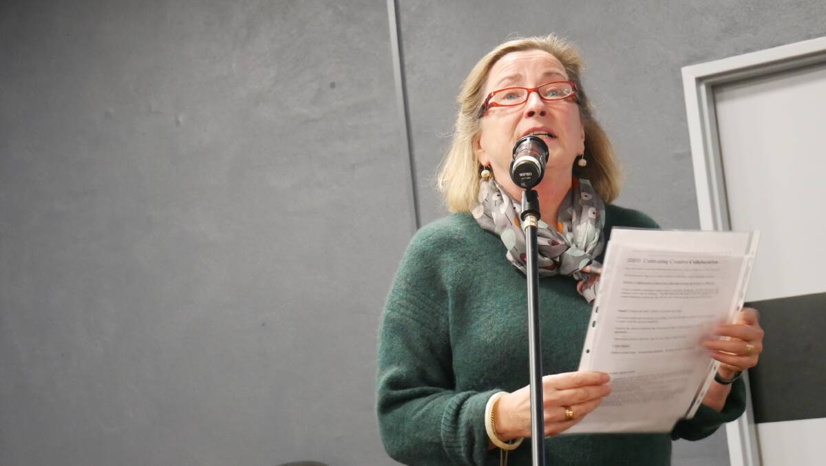 Ms Sheena Boughen speaking at the meeting on Cuttagee Bridge held by the Bermagui Community Forum in June 2021. Photo: Ellouise Bailey