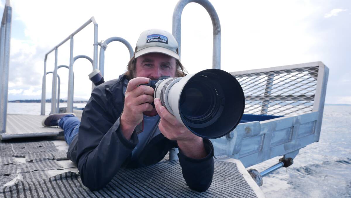Photographer David Rogers on board Sapphire Coastal Adventures' boat Bubbles to capture humpback whales and their calves travelling through the Sapphire Coast to feed in the nutrient rich waters. Photo: Ellouise Bailey