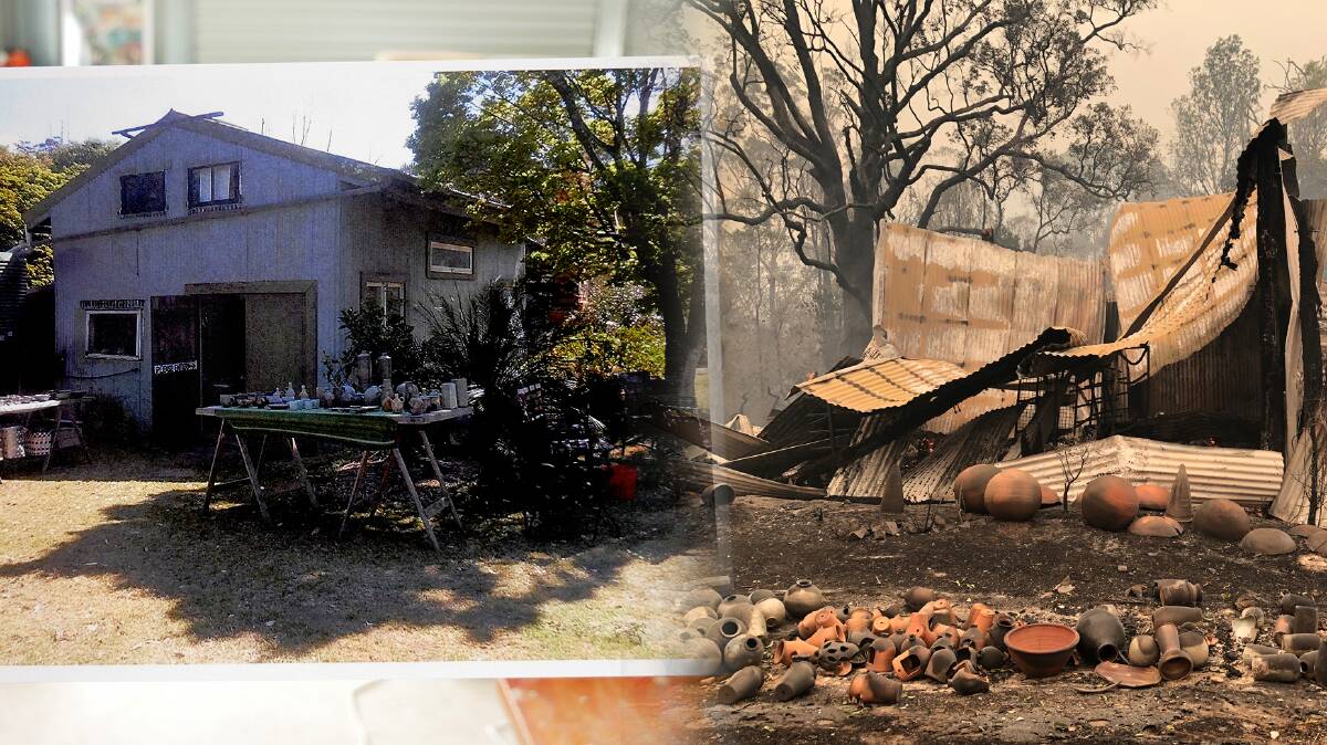 Images showing what their studio looked like before the fire and just after the fire had ravaged through Cobargo. 