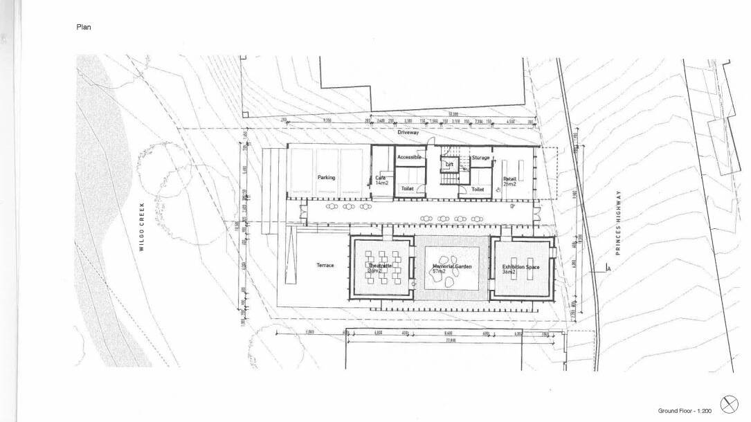 The initial plans for the Cobargo Bushfire Resilience Centre show a two-storey building with a ground level and a first floor. The above drawing shows the ground floor level. You can see the hall in the middle which will act like a spine of the building. This breaks off into an exhibition space in the bottom left-hand side of the plans, followed by a memorial garden and a theatrette. On the other side is a retail space and a café. Picture: supplied