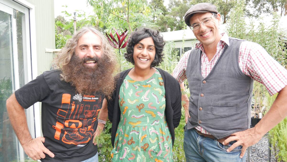 Costa Georgiadis, Bega Valley Shire Councillor Karen Wright, and Dan Bakker from Eat Dirt Permaculture. Photo: Ellouise Bailey 