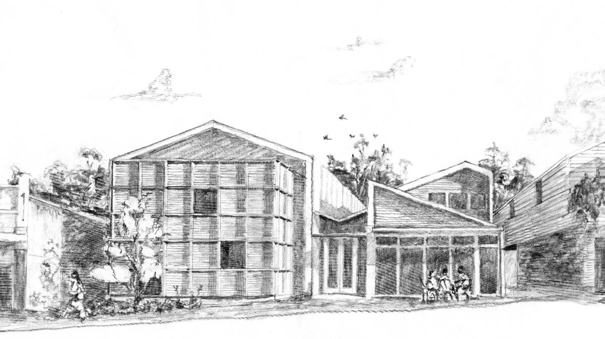 An artist's sketch of the Cobargo Bushfire Resilience Centre provided by Takt Studio. It will be built across the vacant two blocks on the western of the main street.