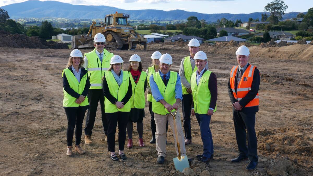 Turning the sod at Sapphire Coast Community Aged Care's newest retirement living project, The Glen are (from left) board director Kate Ireland, managing director of Zauner Construction Garry Zauner, board directors Jayde Green and Cath Bateman, chairman Phil Moffit, board director Phil Callaman, CEO Matt Sierp, and director/senior landscape architect Stuart Scobie of Edmiston Jones. Photo: Ellouise Bailey 