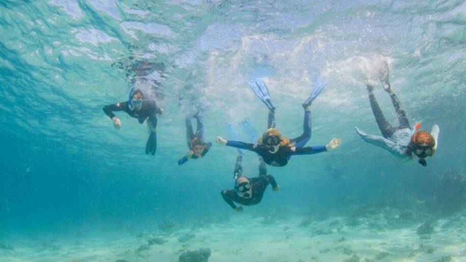 The five members of the Iodice family snorkelling in Coral Bay in Western Australia. Picture: supplied 