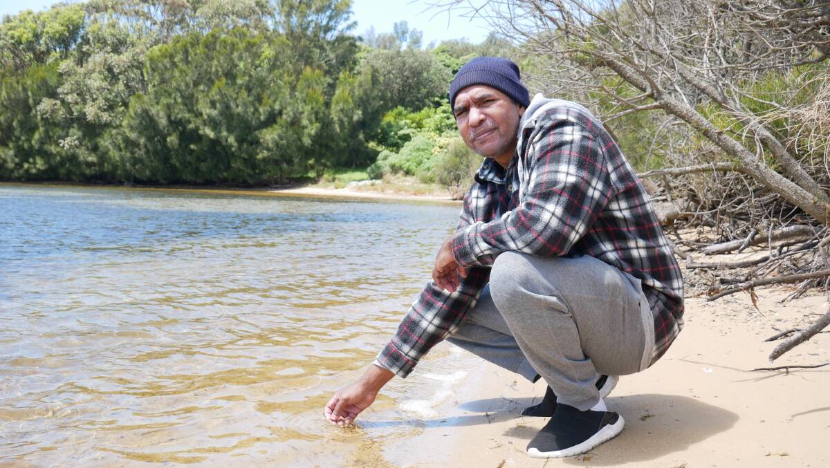Djirringanj man of the Yuin Nation Warren Ngarrae Foster at the banks of Wallaga Lake in the Bega Valley Shire. Picture: Ellouise Bailey 