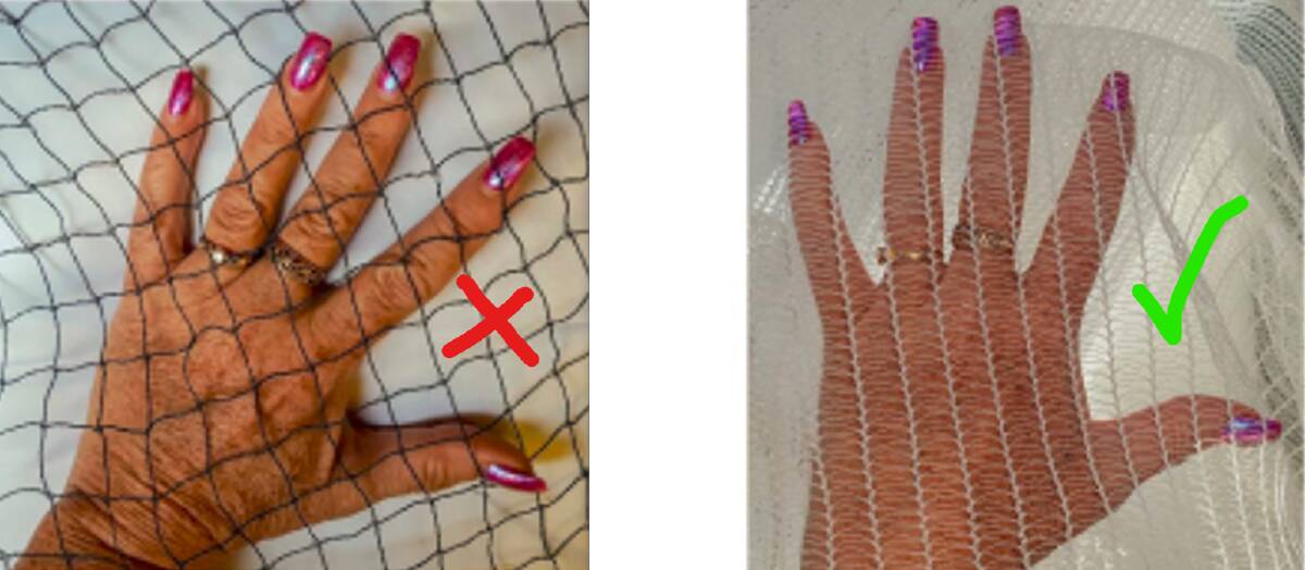 Dangerous monofilament bird netting for wildlife (on right) and a good solution of netting you are unable to put your finger through. Picture: 