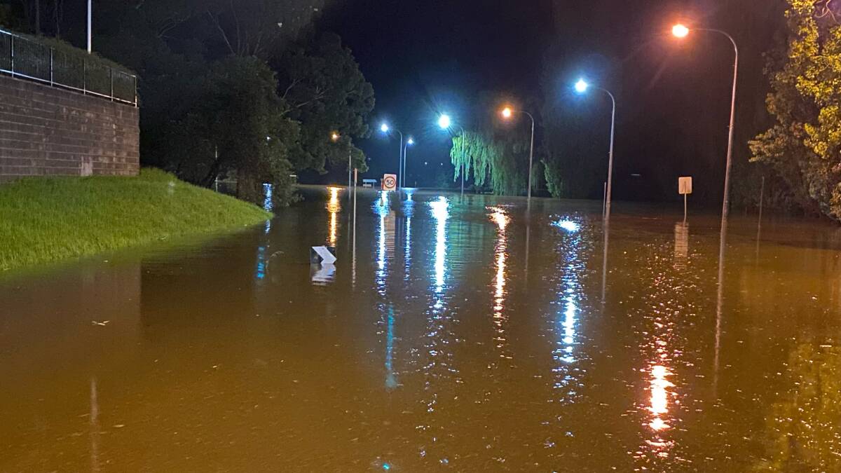 Carp Street in Bega around 10.30pm, an hour or two before the Bega River peaked just under 5.5m around midnight, March 9, 2022. Photo: supplied 