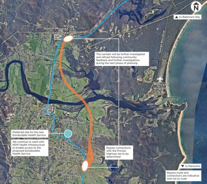 The state government's preferred route for the Moruya bypass.