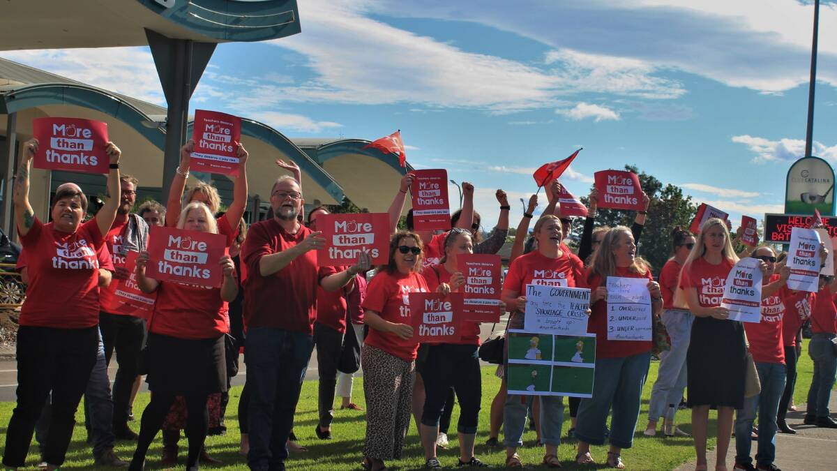 Shire teachers protesting during a strike at the Catalina Country Club in Batemans Bay last month.