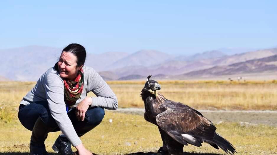 Moruya equestrian Cele Stone with a golden eagle used by hunters of the Altai Tavan Bogd in far west Mongolia. In May, Cele will join Bodallas Duncan McLaughlin and a small group of other riders from around the globe to journey 3600 kilometres across the length and breadth of Mongolia.