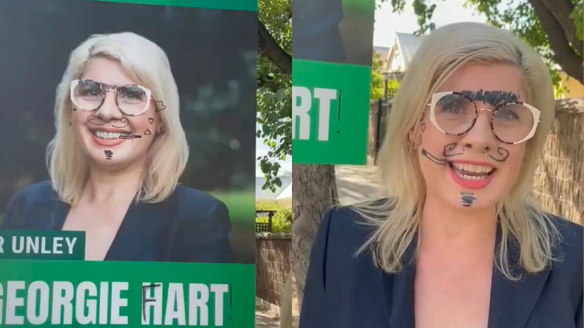 Greens candidate for the South Australian seat of Unley Georgie Hart (right) drew on her own face to replicate a graffitied campaign poster (left) in a video posted to Instagram on Friday, March 11. Photos: Georgie Hart. 