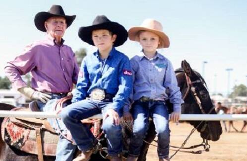 ON FOR YOUNG AND OLD: Bob at Longreach with fast-rising junior rodeo champ Byron Kirk and his sister Willow.