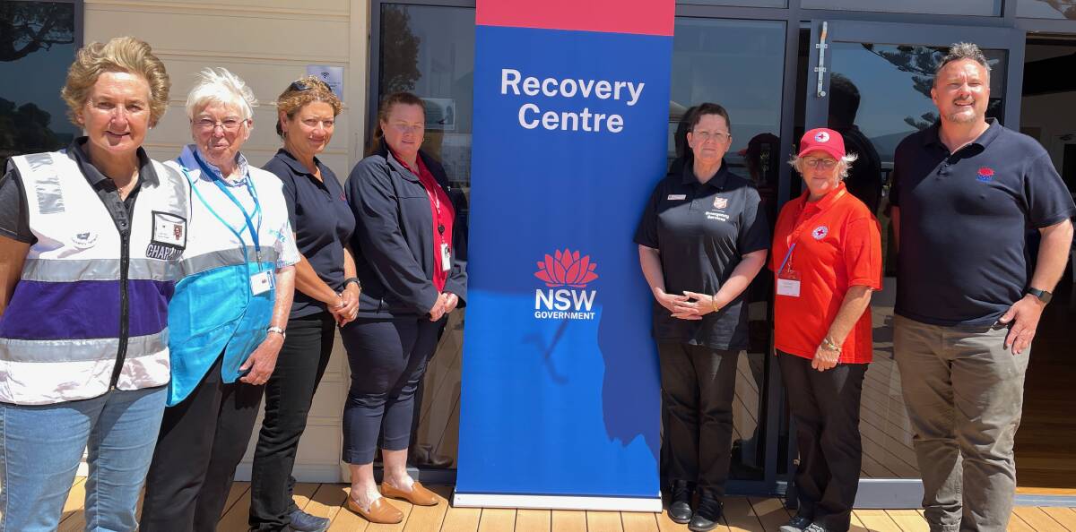 Some of the people at the bushfire recovery centre in Bermagui: Chaplain Karen Paull, Disaster Recovery Network Chaplain, Jane Simmons of Anglicare, Carlin Stanford of NSW Reconstruction Authority, Jessica Shearer of Service NSW Bega, Deb Parsons of Salvation Army Bea, Lisa Clark of Red Cross Emergency Services Narooma and Jeremy Hillman of NSW Reconstruction Authority. Picture by Marion Williams