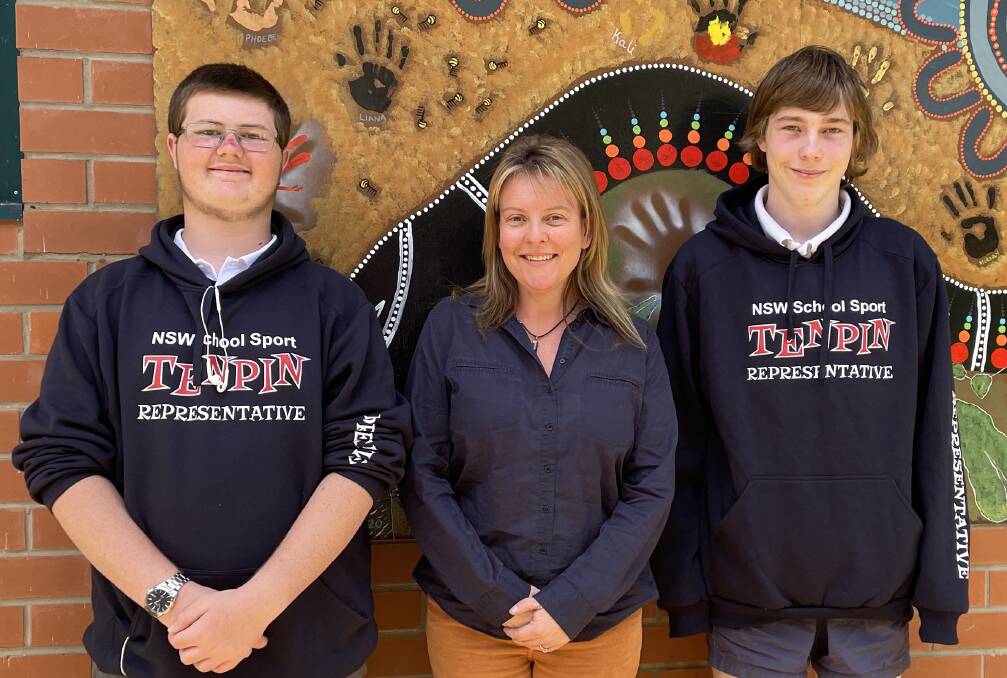 Narooma High School Year 12 student Patrick Long, with special education teacher Melanie Austin and Year 9 student Locquinn Bolte. Picture by Marion Williams