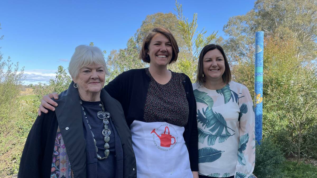 Stephanie Alexander and Kristy McBain with Jessie Wotton who teaches Year 3 students at Cobargo Public School and runs the kitchen garden program