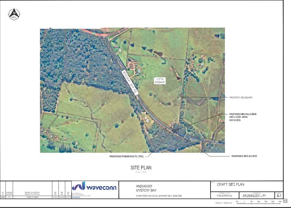 Draft site plan showing the location of the proposed 30-metre telecommunications tower at 33 Mystery Bay Road. The tower has been proposed by Waveconn, a telecommunications infrastructure developer. Picture supplied