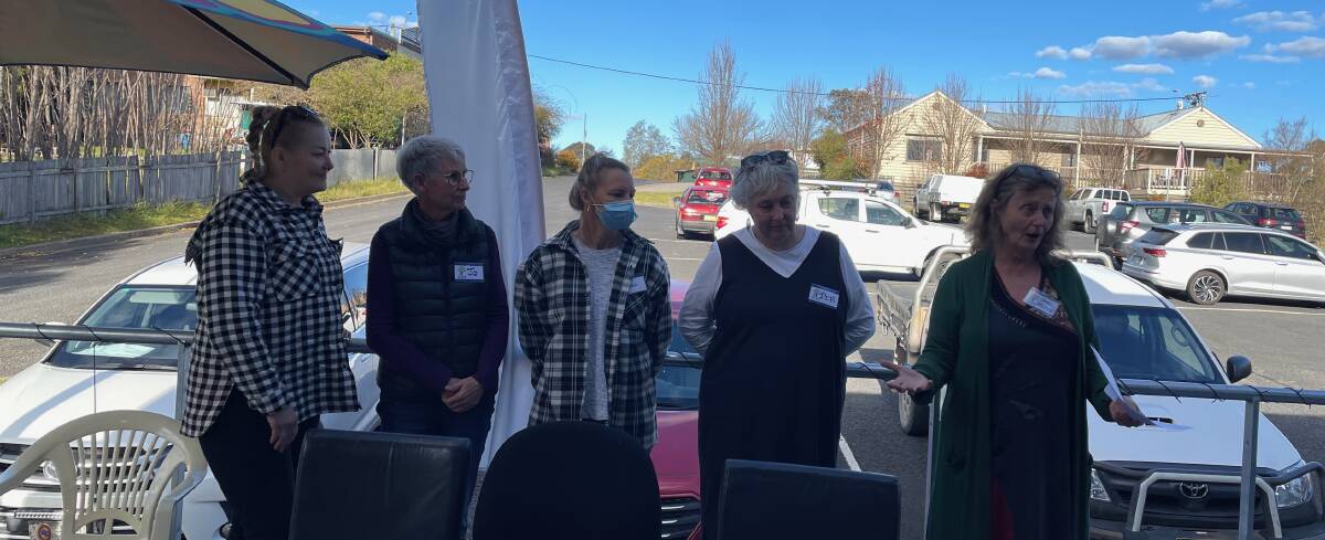 Carol Holden (far right) with some of the volunteers from Bega and Cobargo at the launch of Here 2 Help in Cobargo on Friday, June 16. Picture by Marion Williams.