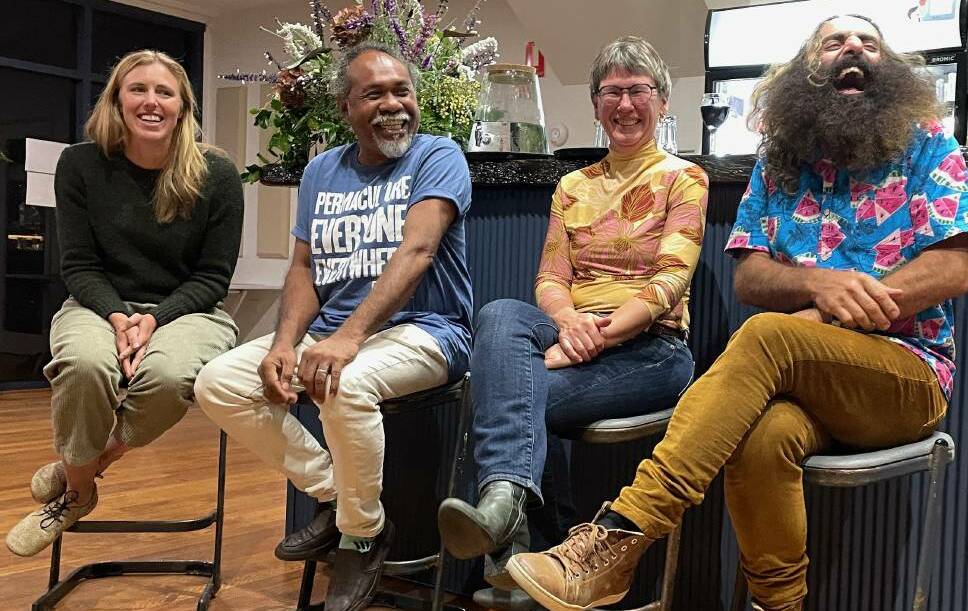 In happier times, the Moodji Futures Dinner in Bermagui on May 5. Richelle Jackson from The Good Dairy Co., Eugenio Ego Lemos, Danielle Griffin from the Foundation for Rural & Regional Renewal and Costa Georgiadis from ABC's Gardening Australia. Picture by Marion Williams