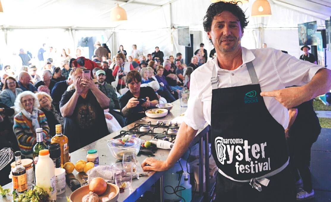 Colin Fassnidge in the Betta Home Living Cooking demo at the Narooma Oyster Festival in 2022 where he prepared poached local fish with rock oyster cream and pickled seaweed. Picture by Rob Locke.