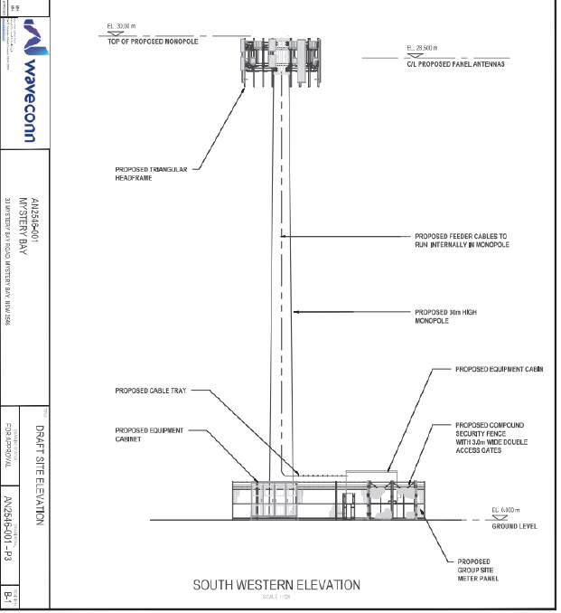 Draft site elevation plan of the 30-metre telecommunications tower that Waveconn has proposed at Mystery Bay. Picture supplied
