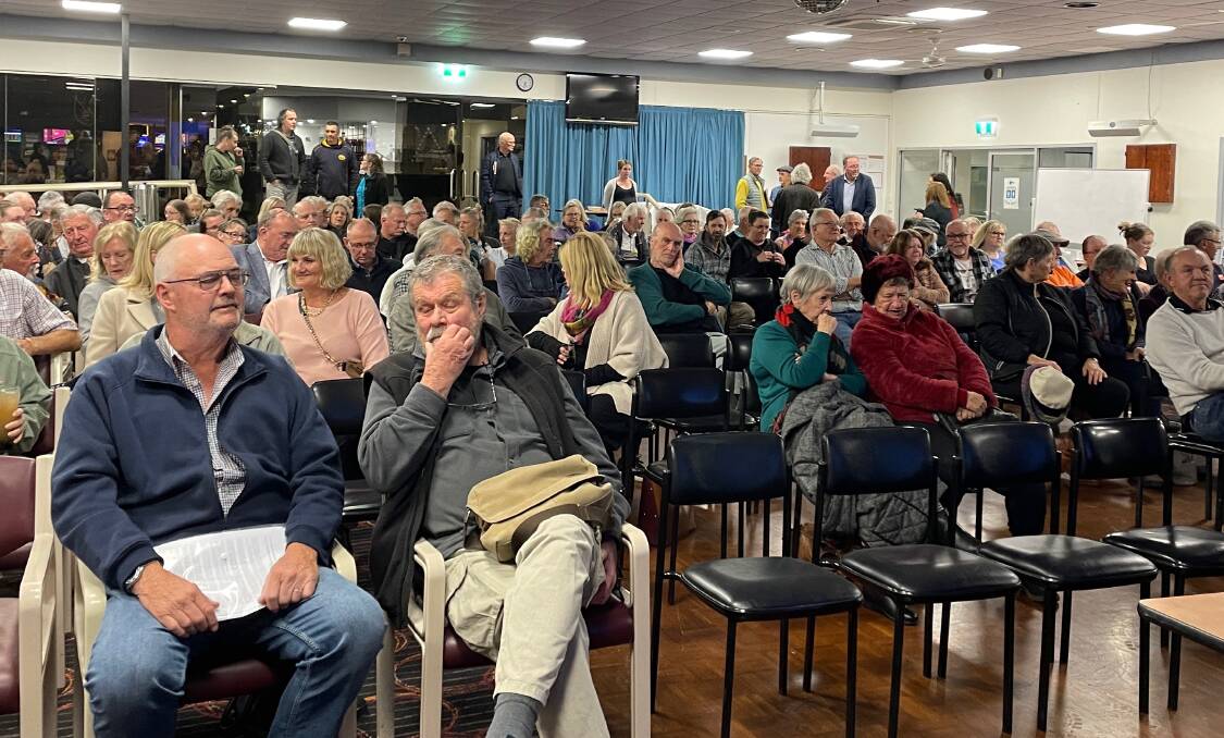 Allan Douch, president of the Bermagui Historical Society (left), was one of the people who spoke in favour of a new bridge at a community forum with Transport for NSW about the proposed closure of Wallaga Lake Bridge on July 25. Picture by Marion Williams